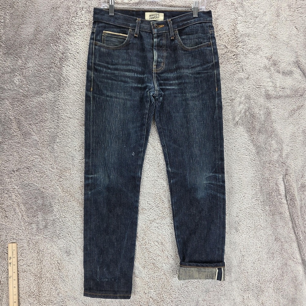 Naked & Famous Jeans Mens Blue Selvedge Super Guy Honeycomb Whiskers Fits 31x30